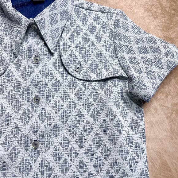Vintage 70s Diamond Print Button Up Shirt Heavyweight Blue Short Sleeve Retro - Picture 5 of 7